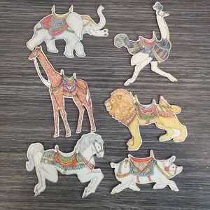 Vtg 6-Pc. Carousel Animal Cardboard Christmas Ornaments Merrimack Whimsical
